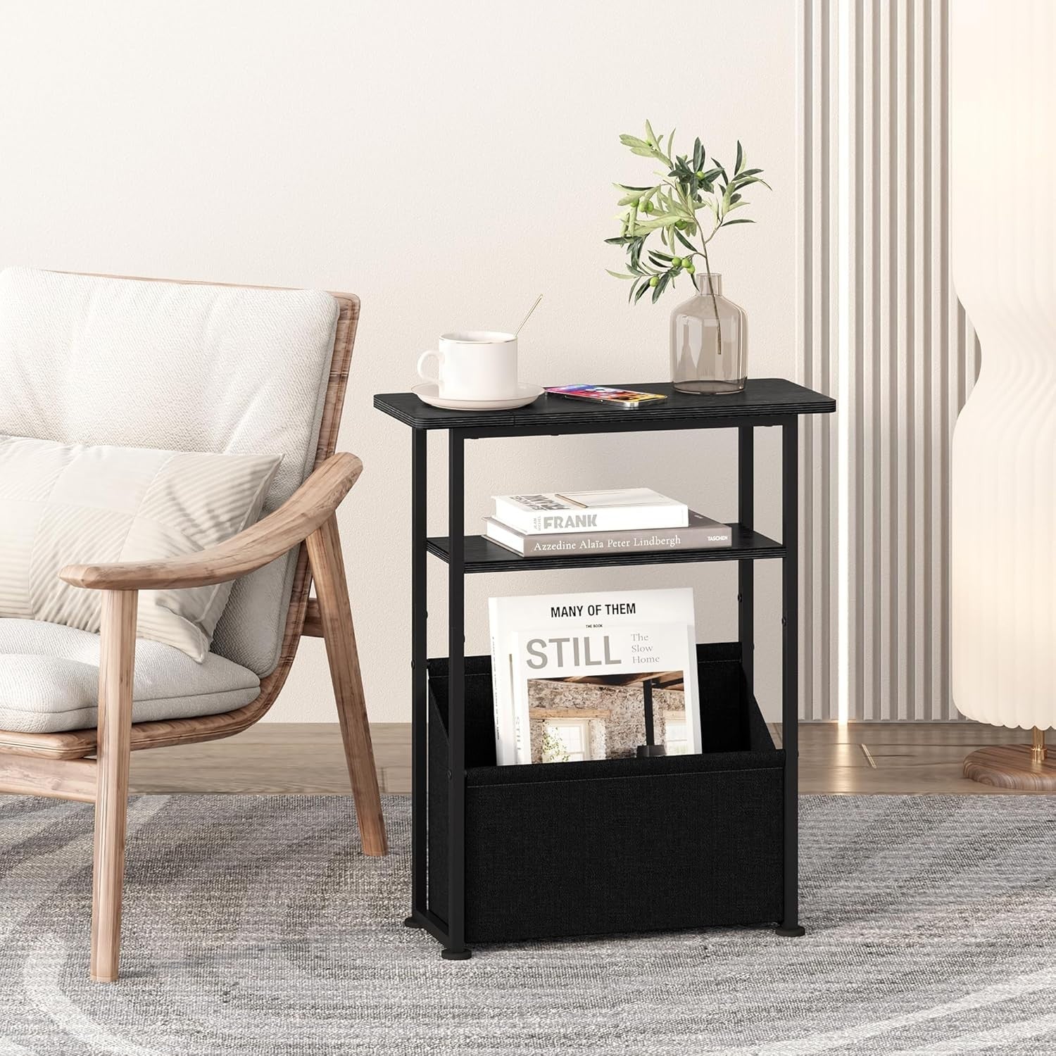 Slim Side Table with Basket Storage – 3-Tier Narrow Bedside Sofa Table Black