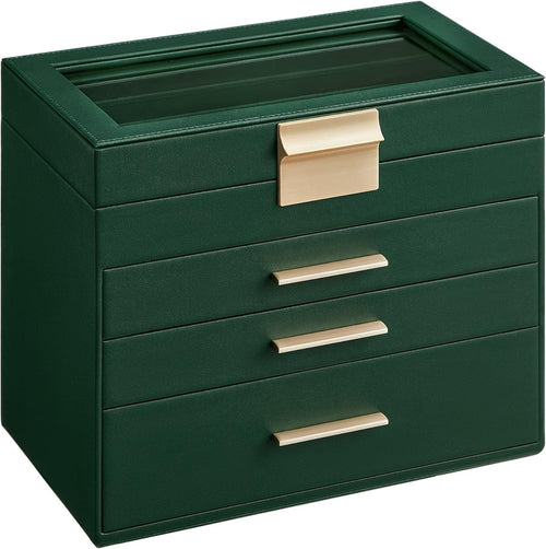 Forest Green Gold Jewellery Box Glass Lid 4 Layer Organizer with Drawers
