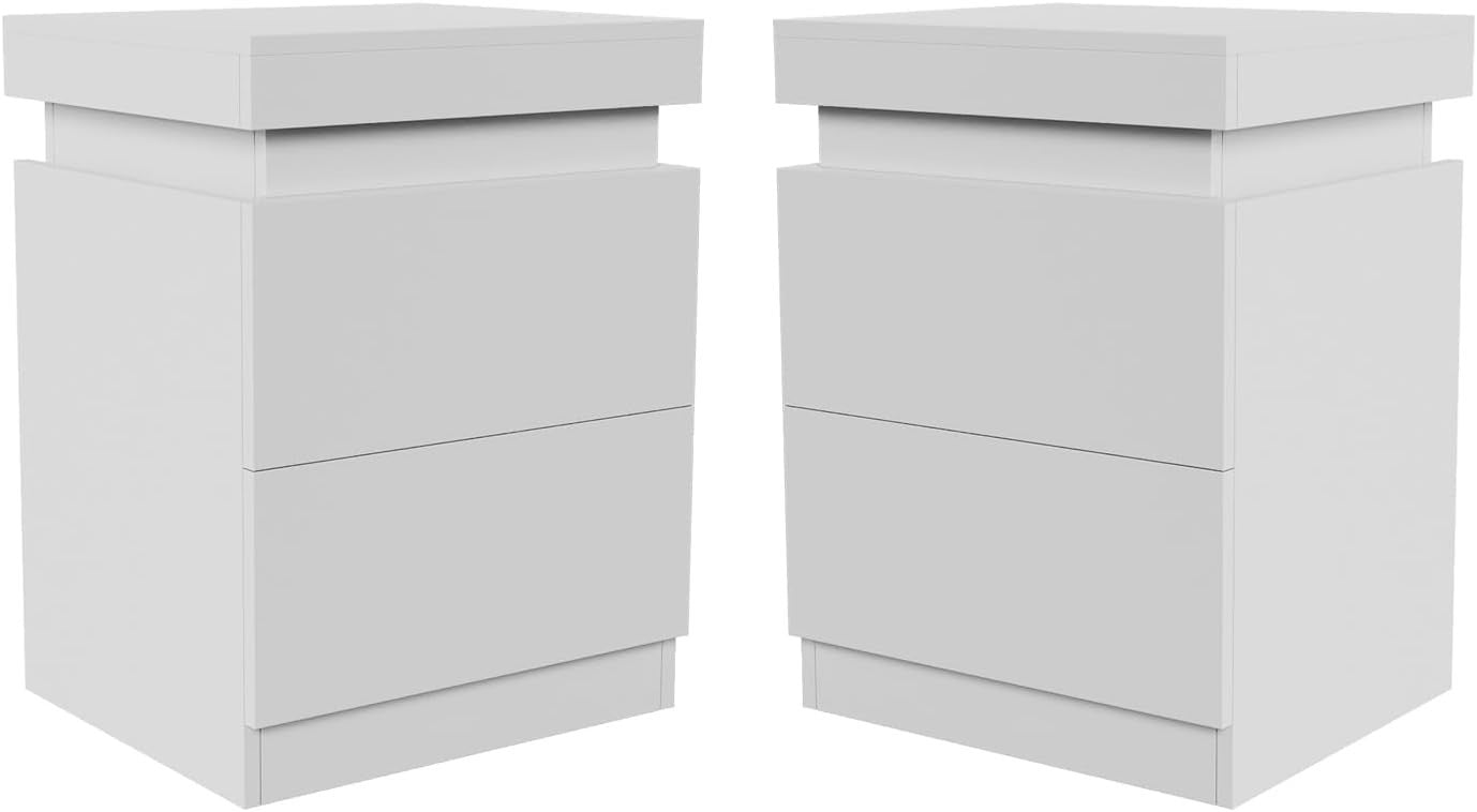 Modern LED Bedside Tables Set of 2 with USB Charging | White 2 Drawer Nightstand