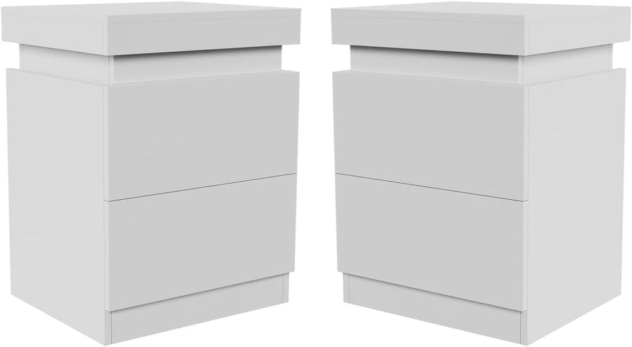 Modern LED Bedside Tables Set of 2 with USB Charging | White 2 Drawer Nightstand