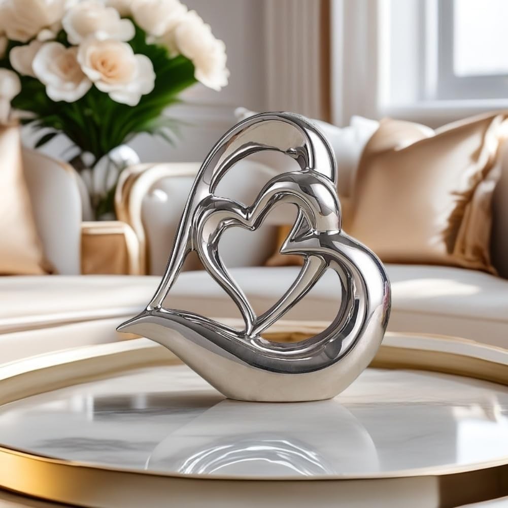 Silver Double Heart Ceramic Sculpture Modern Luxury Ornament Home Decor Gift