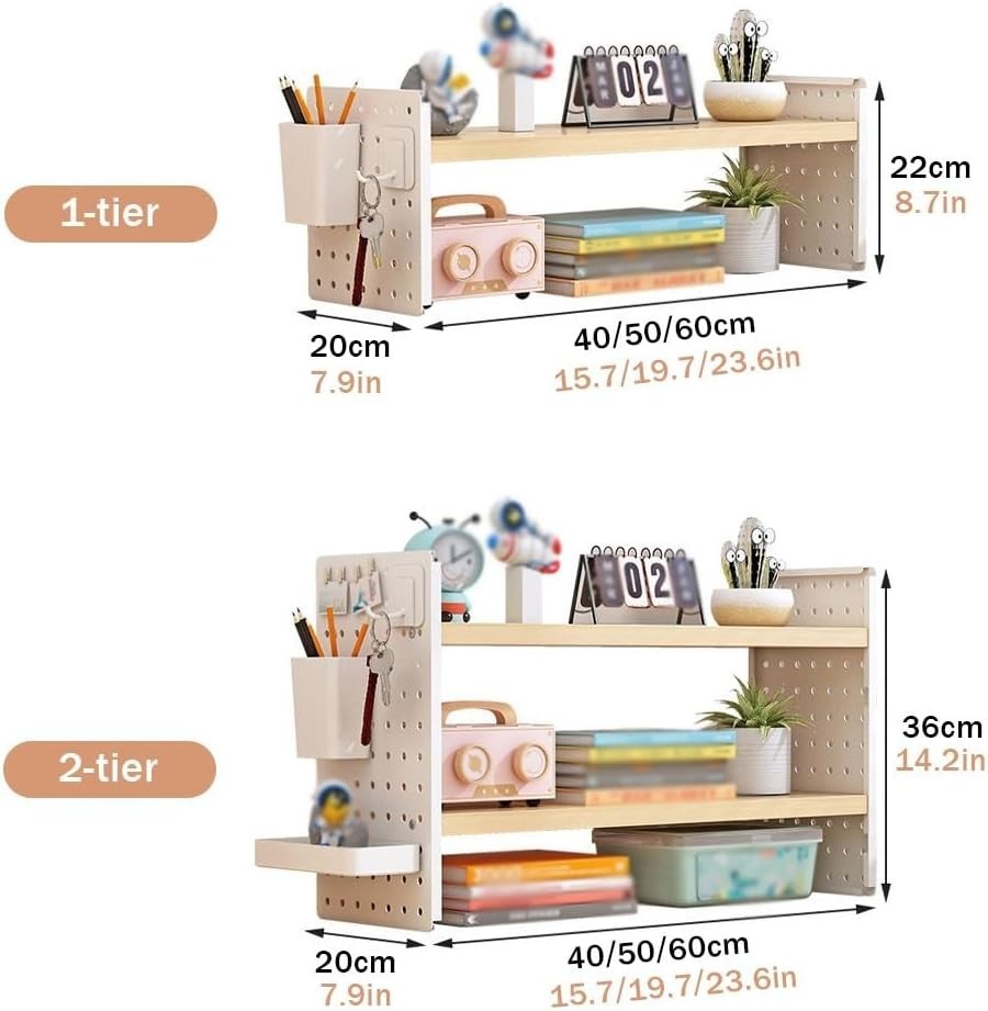 Adjustable Desk Organizer Shelf w/ Grid Panel | 1-Tier Wooden Desktop Hutch 40cm
