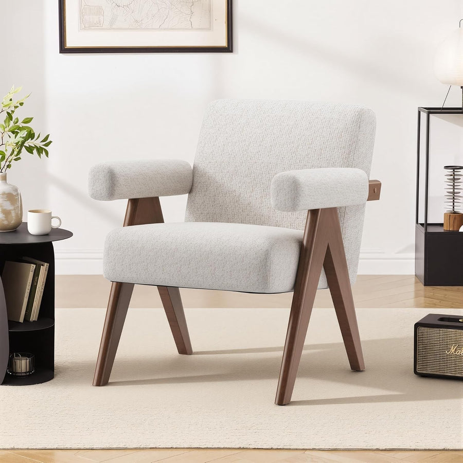 Beige Accent Armchair Upholstered Lounge Chair Wood Frame