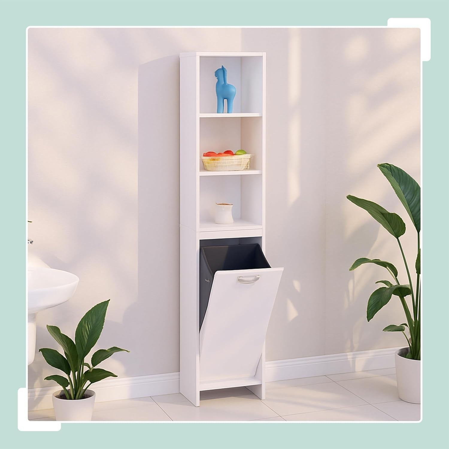 Tall Laundry Cabinet with Fold Out Hamper White Bathroom Storage Unit