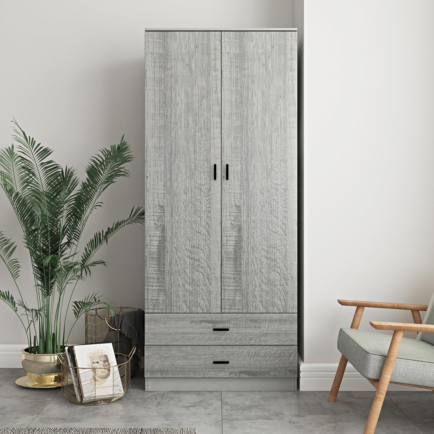 Grey 2 Door Wardrobe With Drawers & Rail | Tall Bedroom Storage Unit