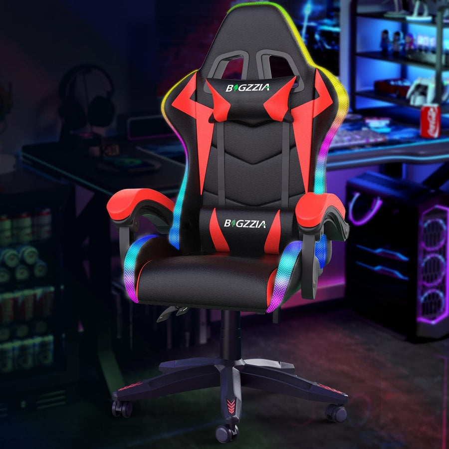 Gaming Chair Recliner w/ RGB LED Lights, High Back, Faux Leather, Ergonomic Red