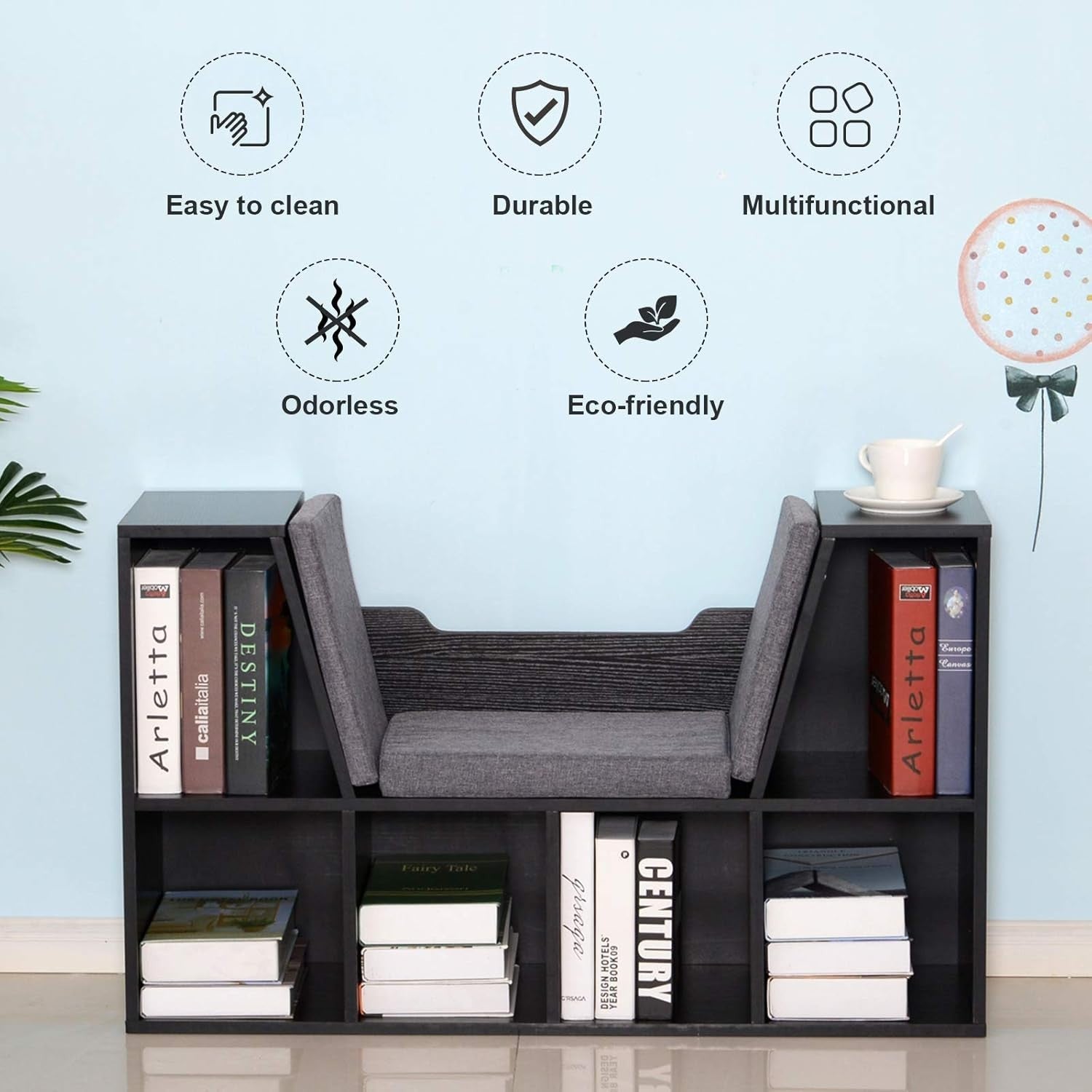 Bookcase with Cushioned Reading Seat 6 Cube Storage Bench Black