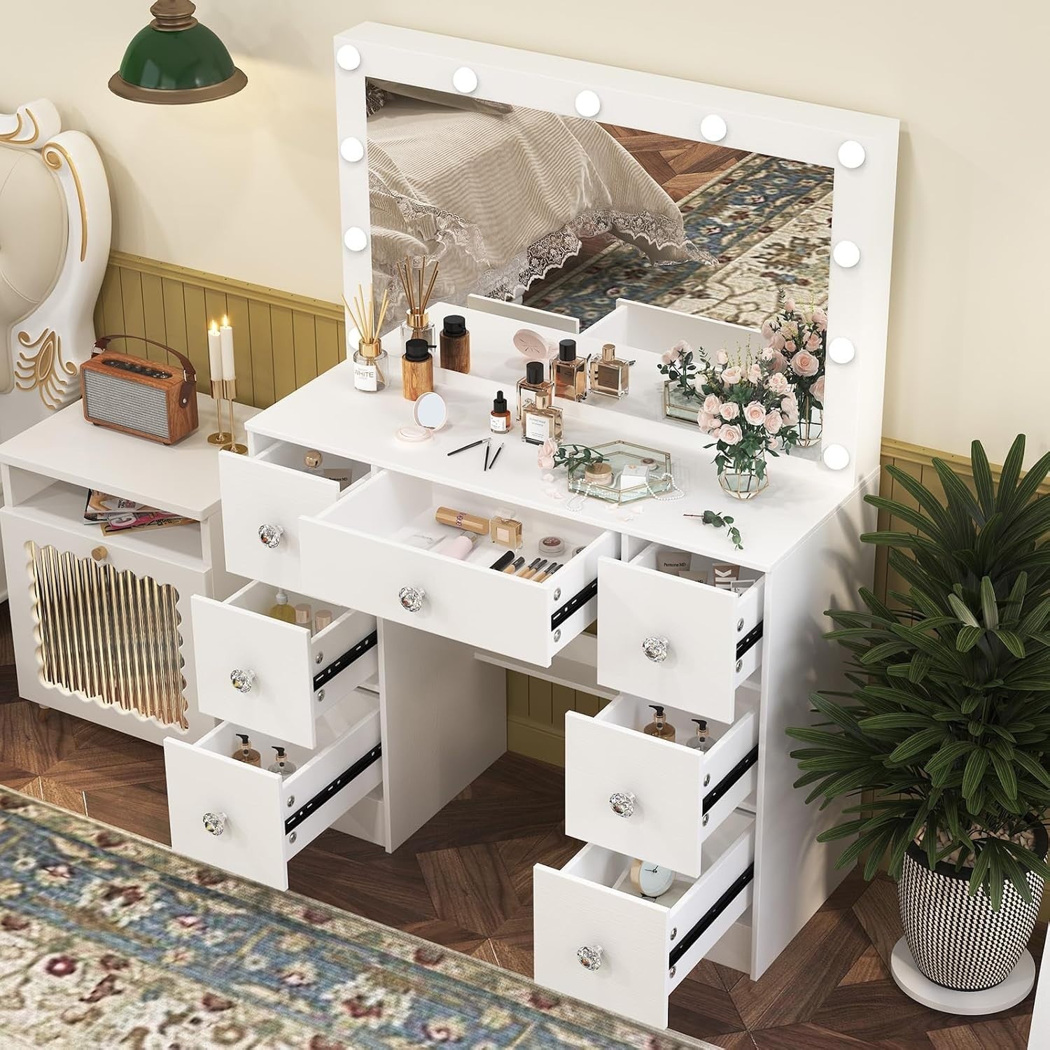 White Vanity Makeup Dresser Table 7 Drawers Large Mirror 3-Color LED Light Stool