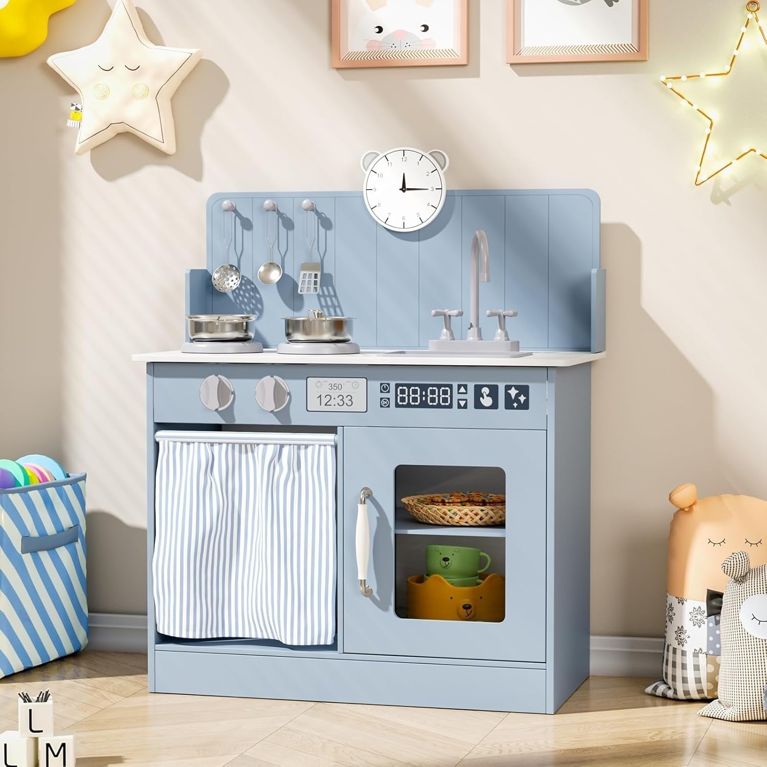 Wooden Kids Play Kitchen Blue Cooker Sink Toy Set w Storage & Clock
