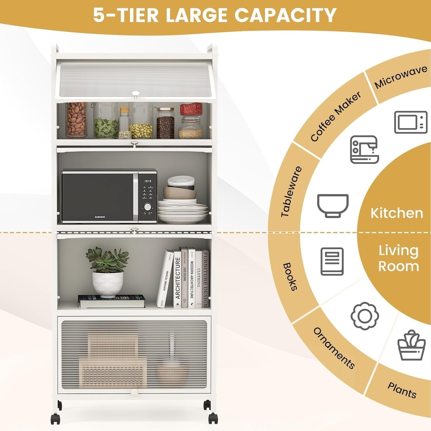 60x32x154cm White Rolling Kitchen Cabinet 5-Tier Pantry Storage with Wheels