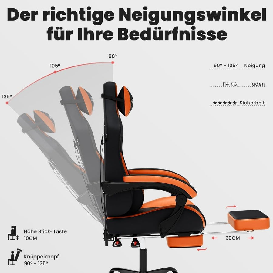 Ergonomic Gaming Chair with Footrest, Massage & Lumbar Support Blackorange