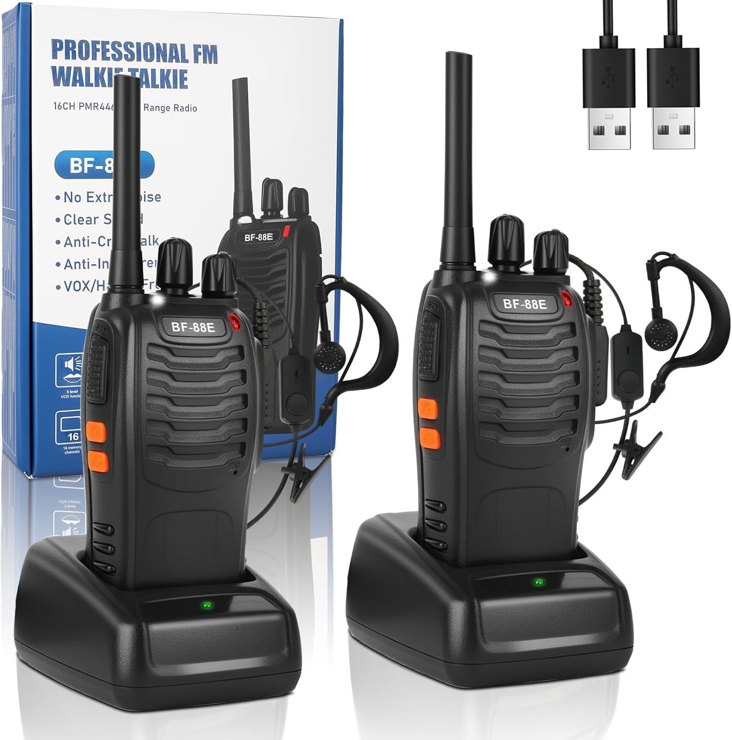 Long Range Walkie Talkies 16CH Rechargeable VOX w Earpieces 2 Pack