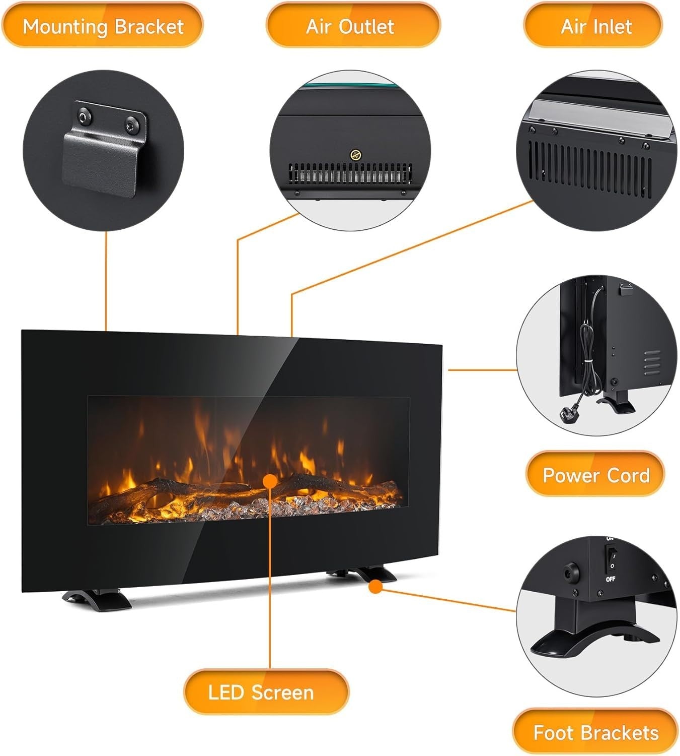 Curved Electric Fireplace Wall Mount or Freestanding 10 Flame Heater