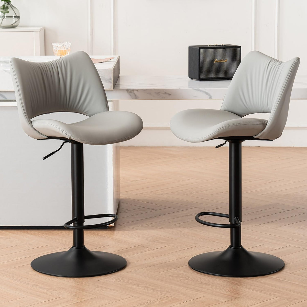 Adjustable Bar Stools 2pcs Grey PU Leather Swivel Kitchen Counter Chairs