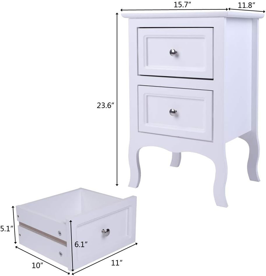 Set of 2 White Wooden Bedside Tables with 2 Drawers Bedroom Storage Units