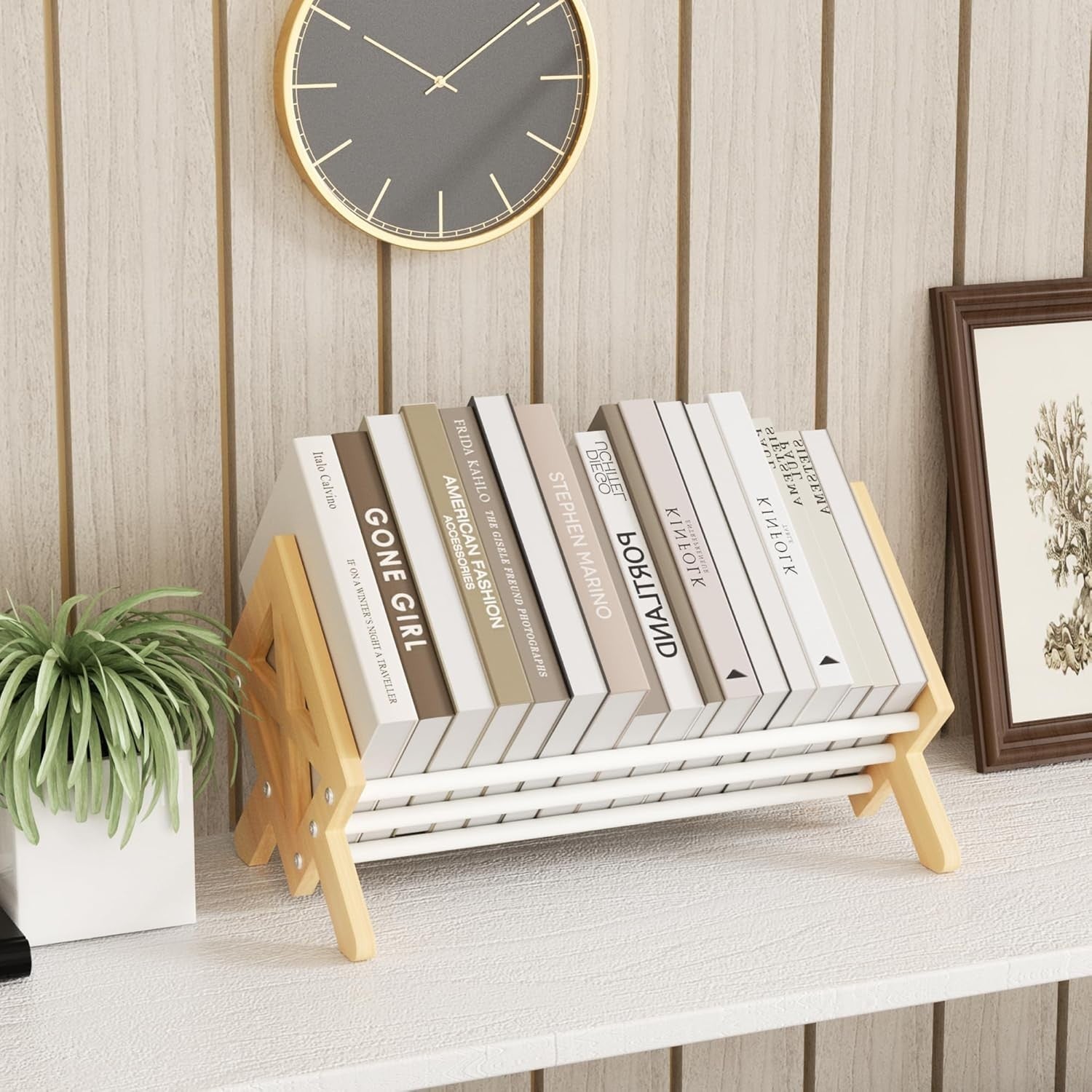 Wood Tilting Desktop Bookcase Organizer Rack for Books CDs Magazines
