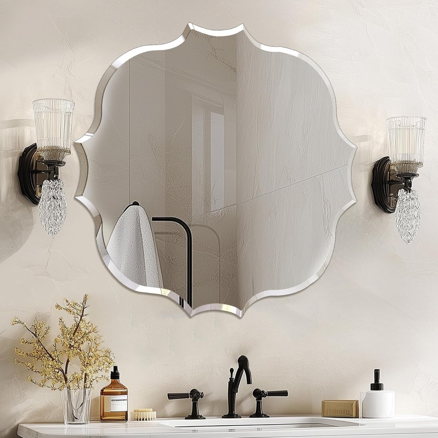 Irregular Wall Mirror Frameless 60x60cm Beveled Glass for Bathroom Hall