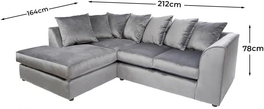 Luxury Grey Plush Velvet 4 Seater L Shape Modular Corner Sofa Set Comfy