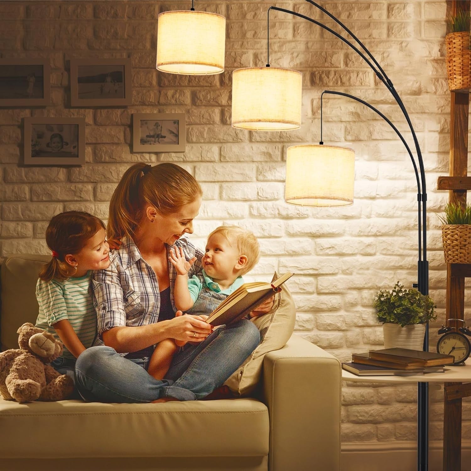 Adjustable 3-Head Dimmable Floor Lamp with Beige Shades for Living Room
