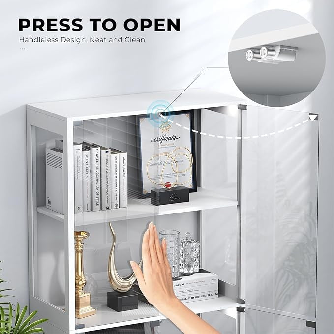 LED Display Cabinet with Glass Doors, 4-Tier Shelf, Sensor & 3-Color Lights