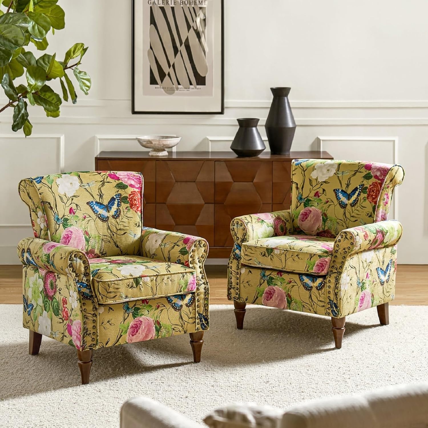Set of 2 Floral Wingback Accent Armchairs Yellow Lounge Bedroom Seating