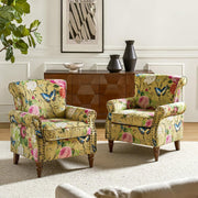 Set of 2 Floral Wingback Accent Armchairs Yellow Lounge Bedroom Seating