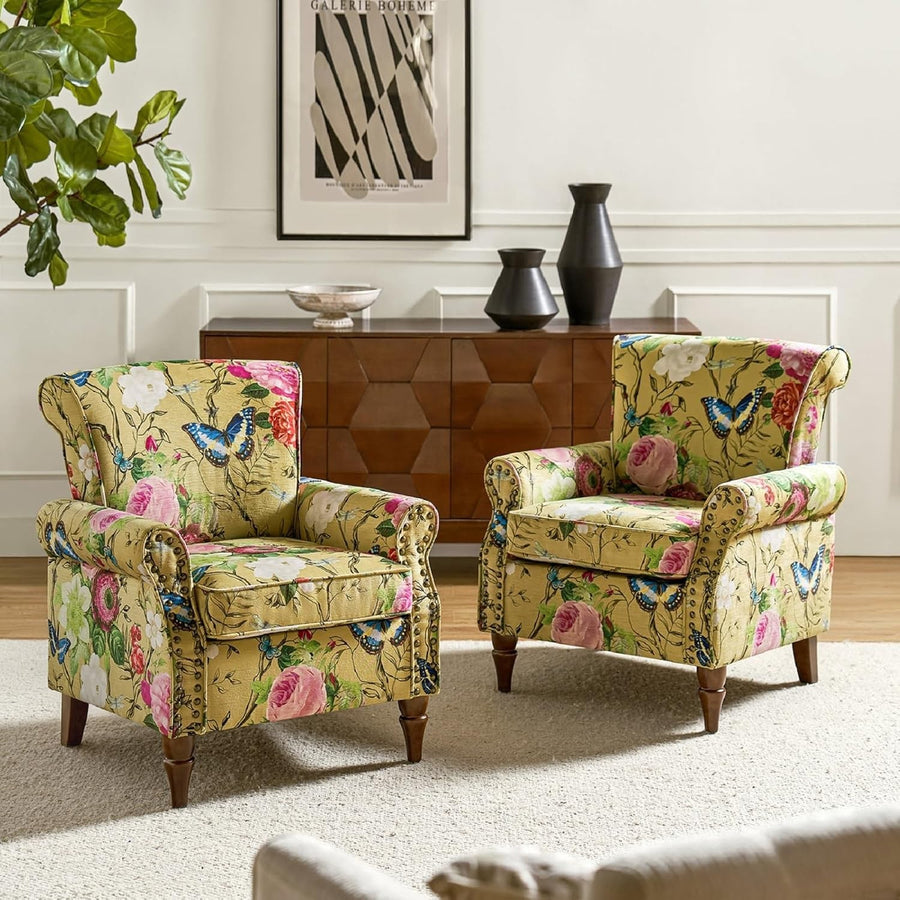 Set of 2 Floral Wingback Accent Armchairs Yellow Lounge Bedroom Seating