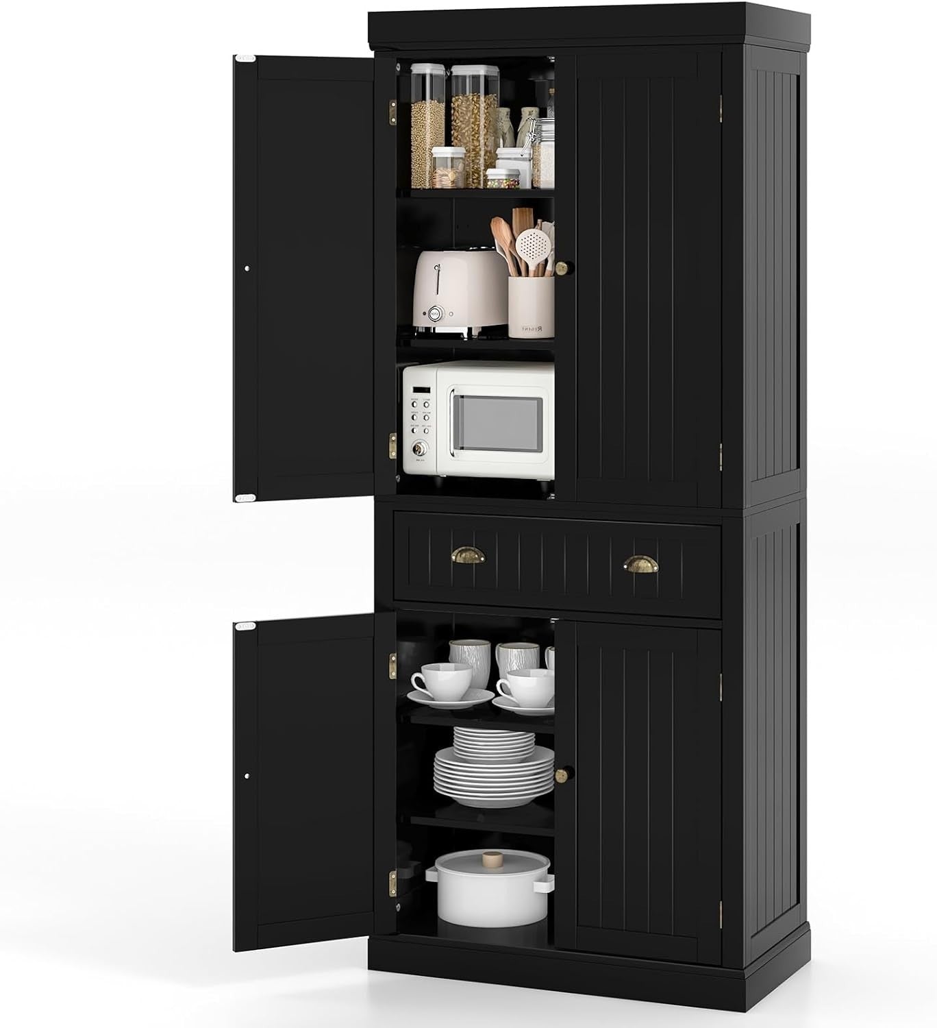 182cm Black Kitchen Pantry Cupboard | 4 Adjustable Shelves & 1 Drawer