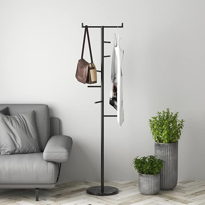 Modern White Metal Coat Rack Stand  Slim Freestanding Hall Tree with Marble Base
