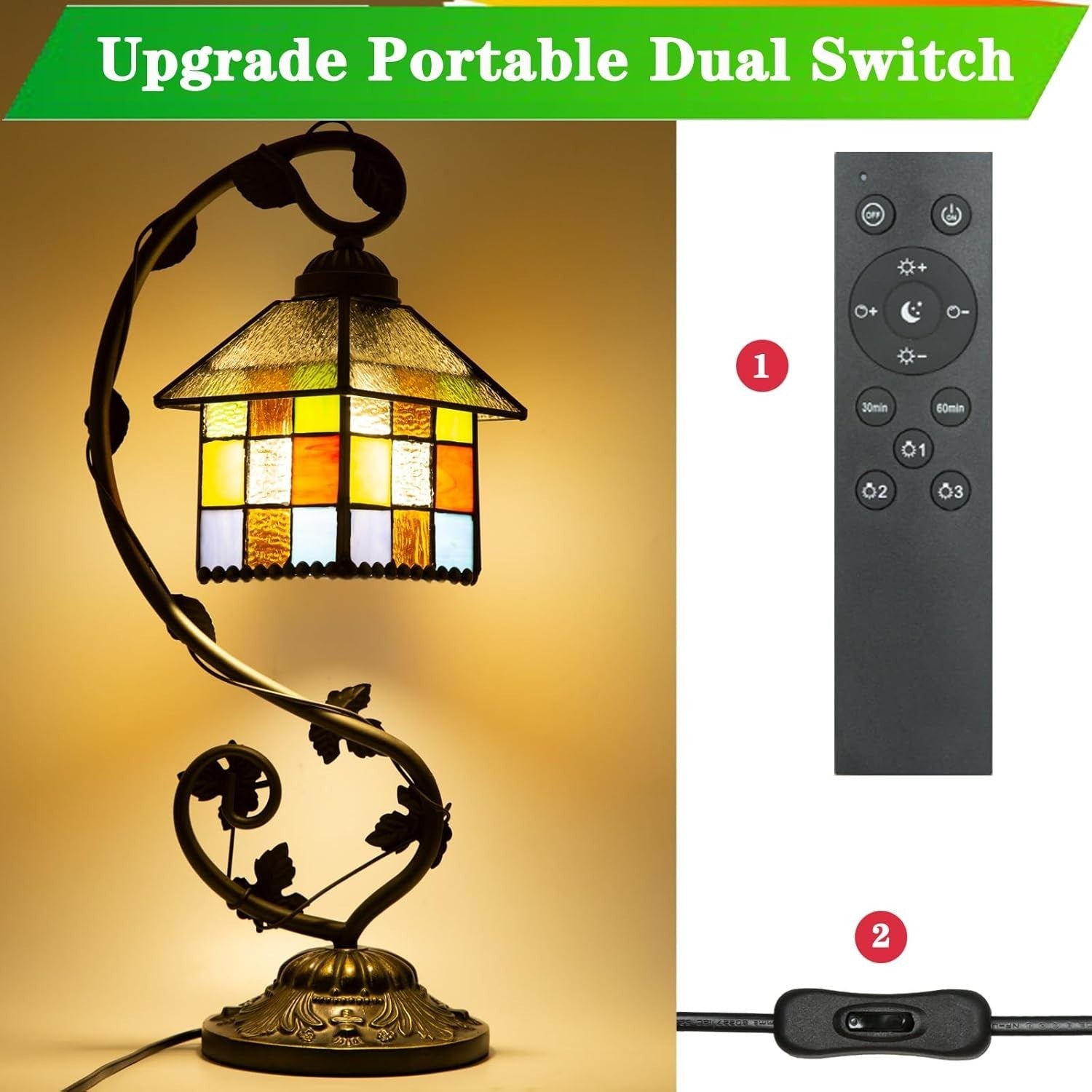 Adjustable Stained Glass Table Lamp with Remote, Dimmable & LED Bulb