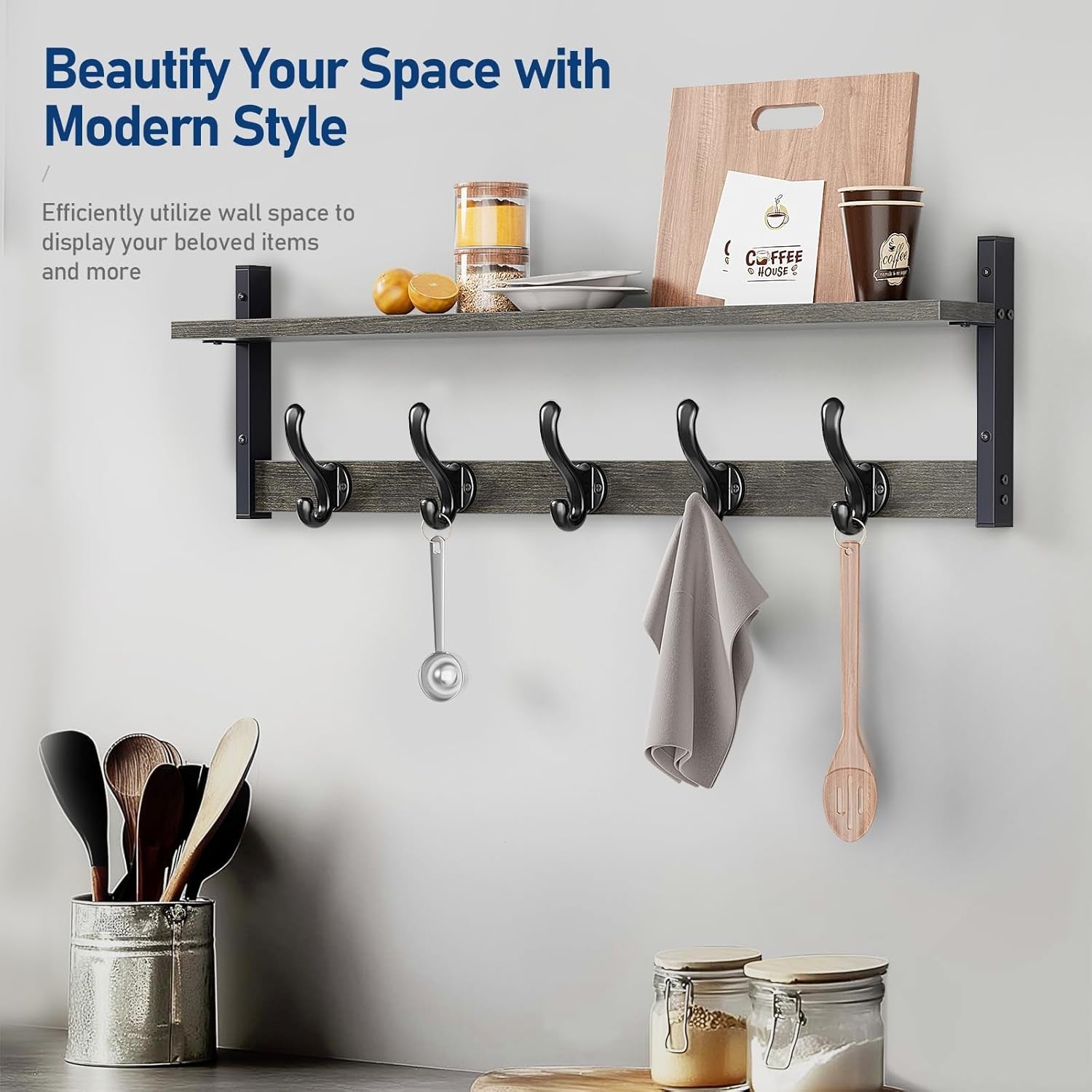 29” Rustic Dark Grey Wall Mounted Coat Rack with Shelf | 5 Hooks Entryway