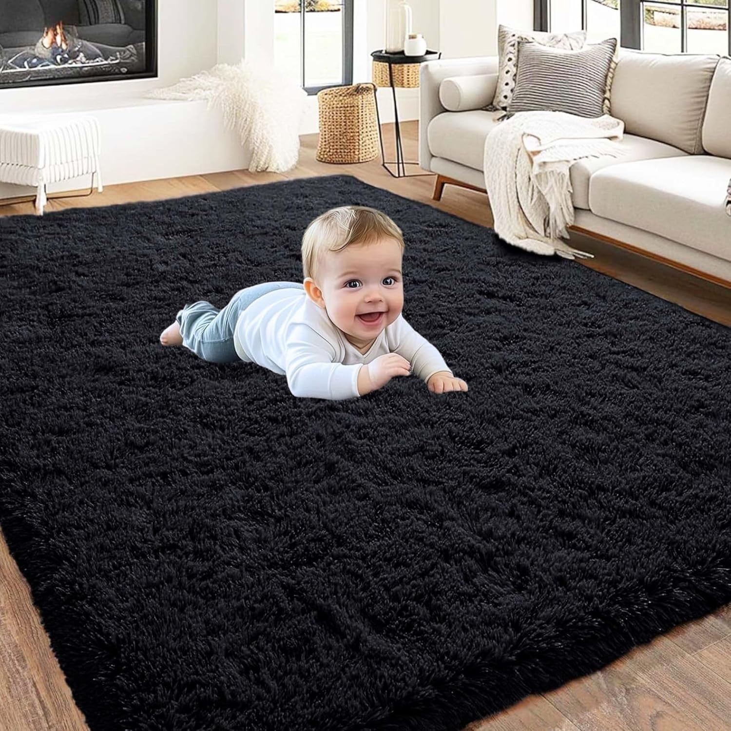 Large Shaggy Rug 200x290cm Black Soft Fluffy Thick Pile Non Slip Living Room