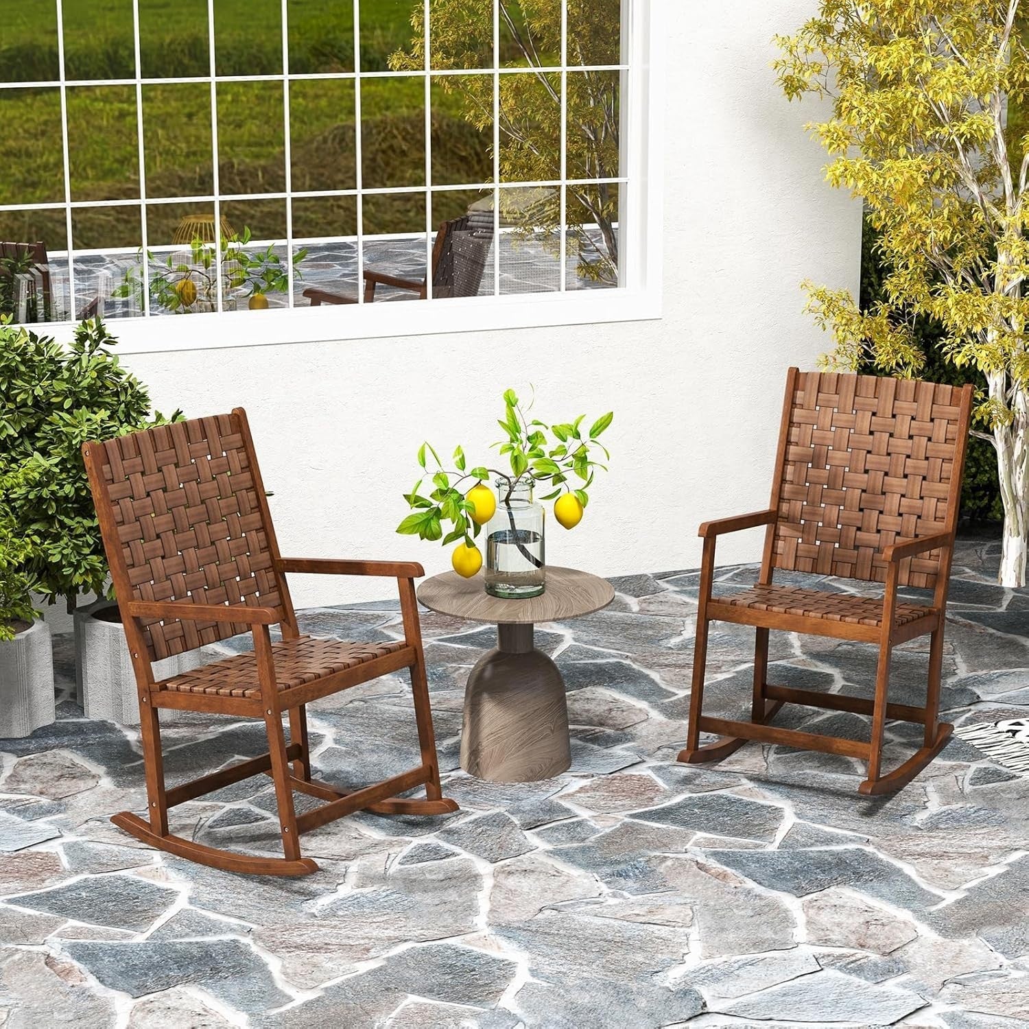 Outdoor Rocking Chair with PU Leather Seat & Woven Back – Patio & Balcony