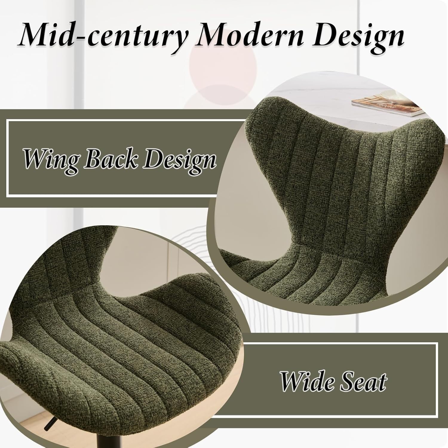 Green Wing-Back Bar Stools Set of 2 | Polyester Seat, Swivel & Adjustable