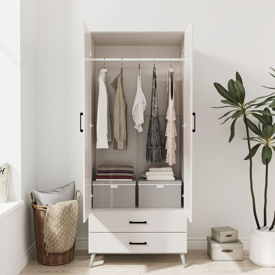 White 2 Door Wardrobe with Drawers & Rail – Slim Modern Bedroom Storage