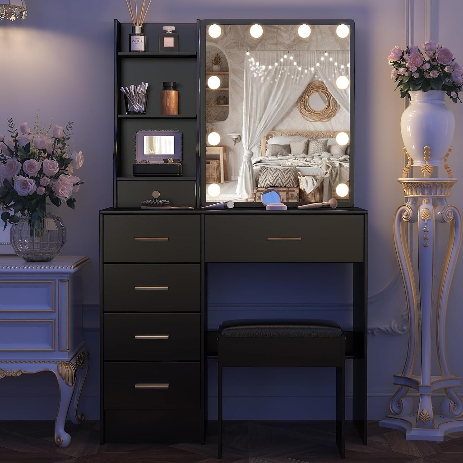 Makeup Vanity Table Set w/ 3-Color LED Lights, 12 Storage Spaces & Padded Stool