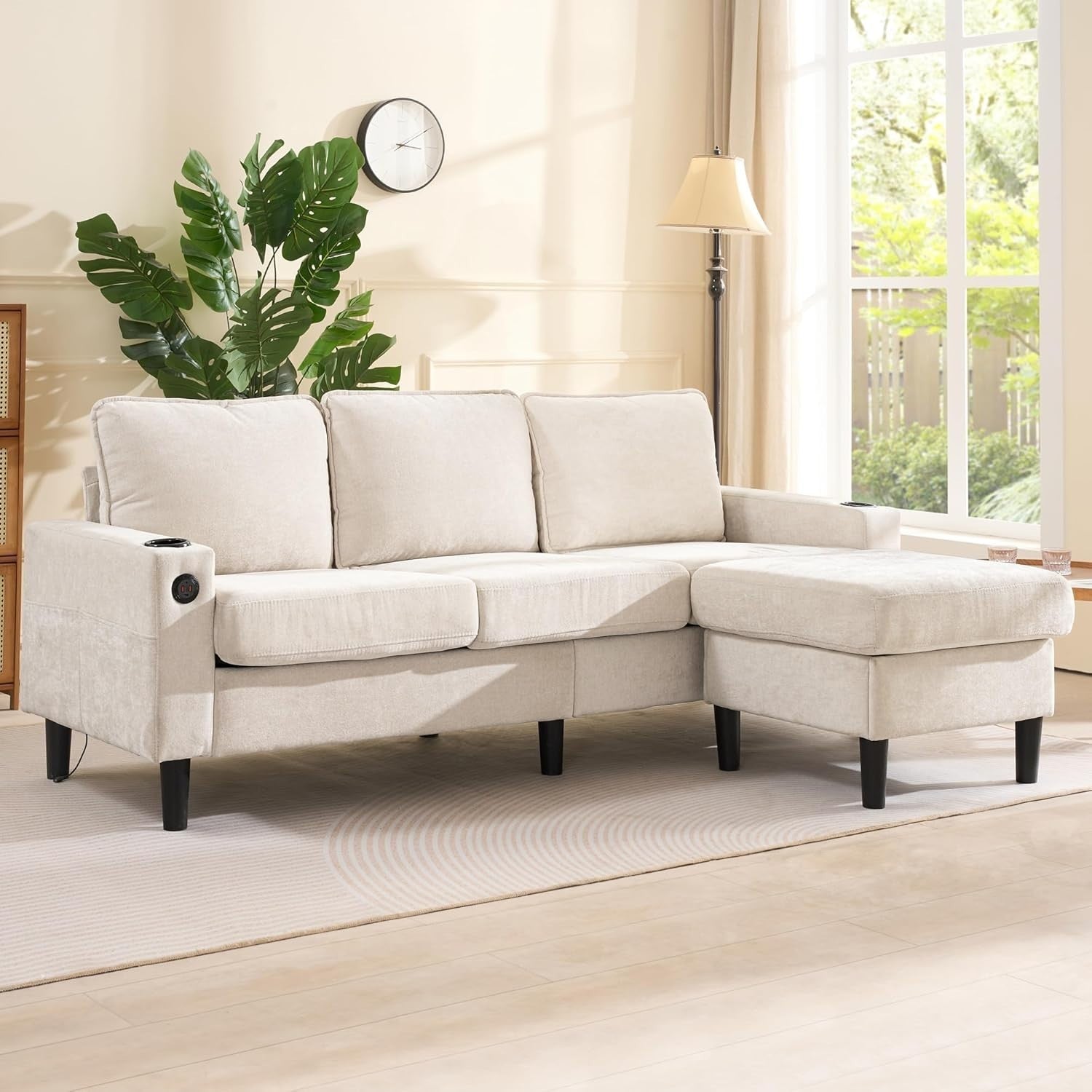 3 Seater L Shape Sofa Bed Beige w/ Chaise, USB, Storage Ottoman, Linen
