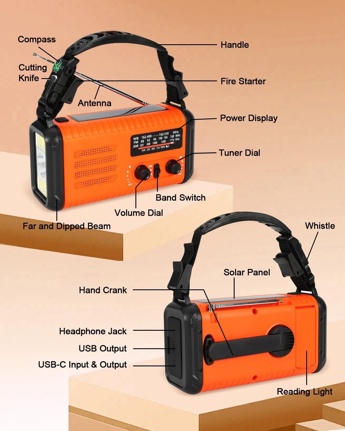 Wind Up Orange Solar Emergency Radio with 20000mAh Battery, AM/FM & Flashlight
