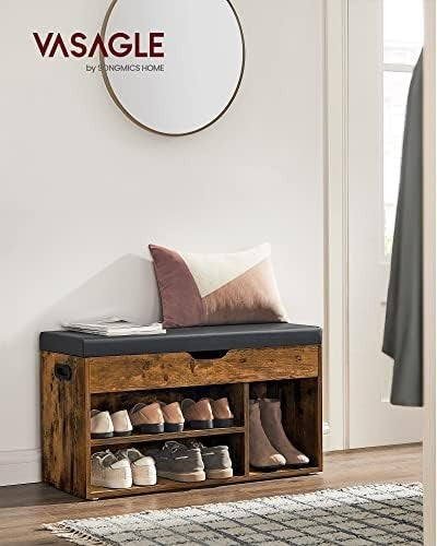 Rustic Brown Shoe Storage Bench with Cushion 3 Compartments Hidden Shelf Seat