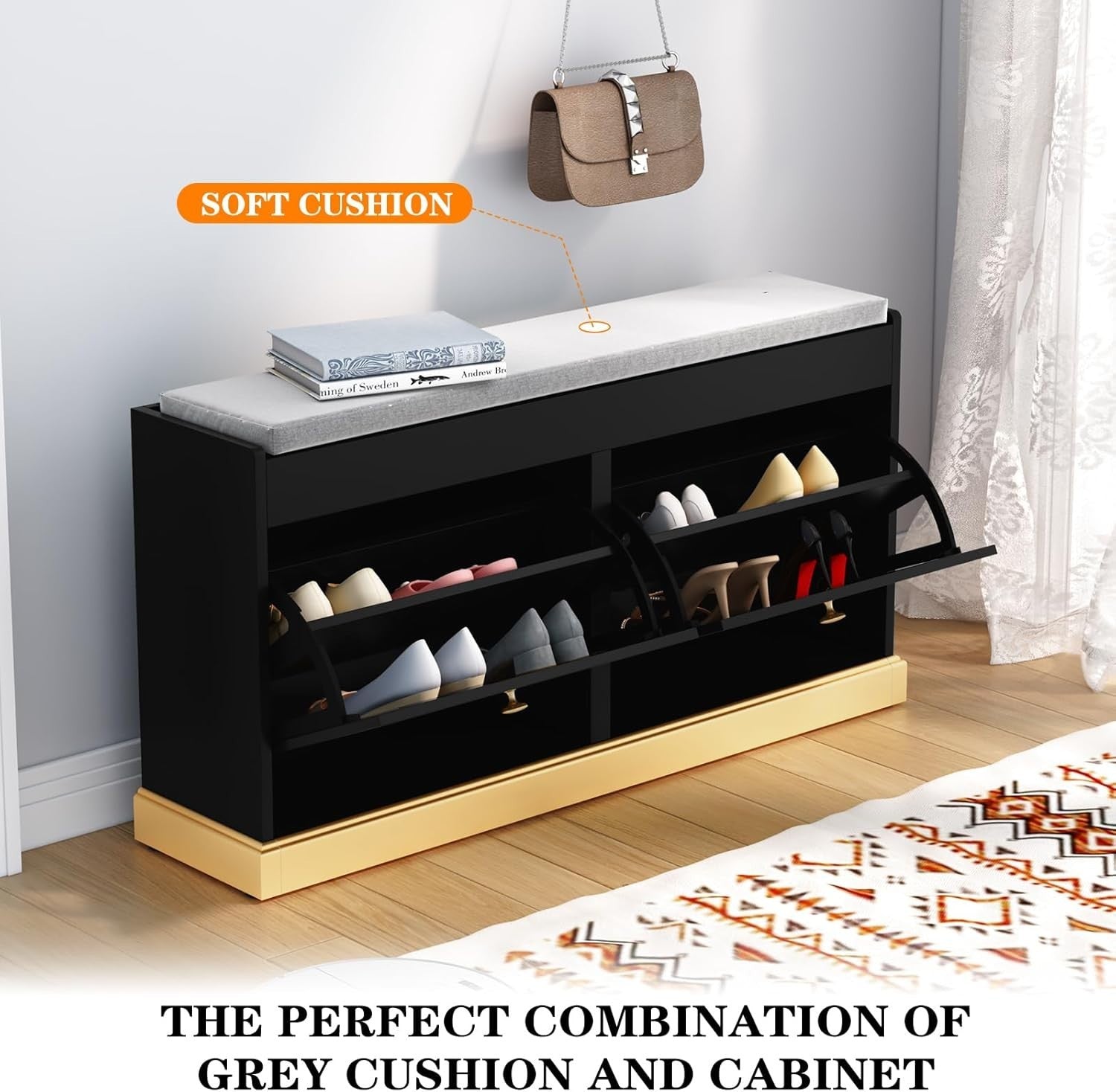 Black Shoe Bench with Cushion & Flip Drawer Hallway Storage 99.6x27.2x49.5cm
