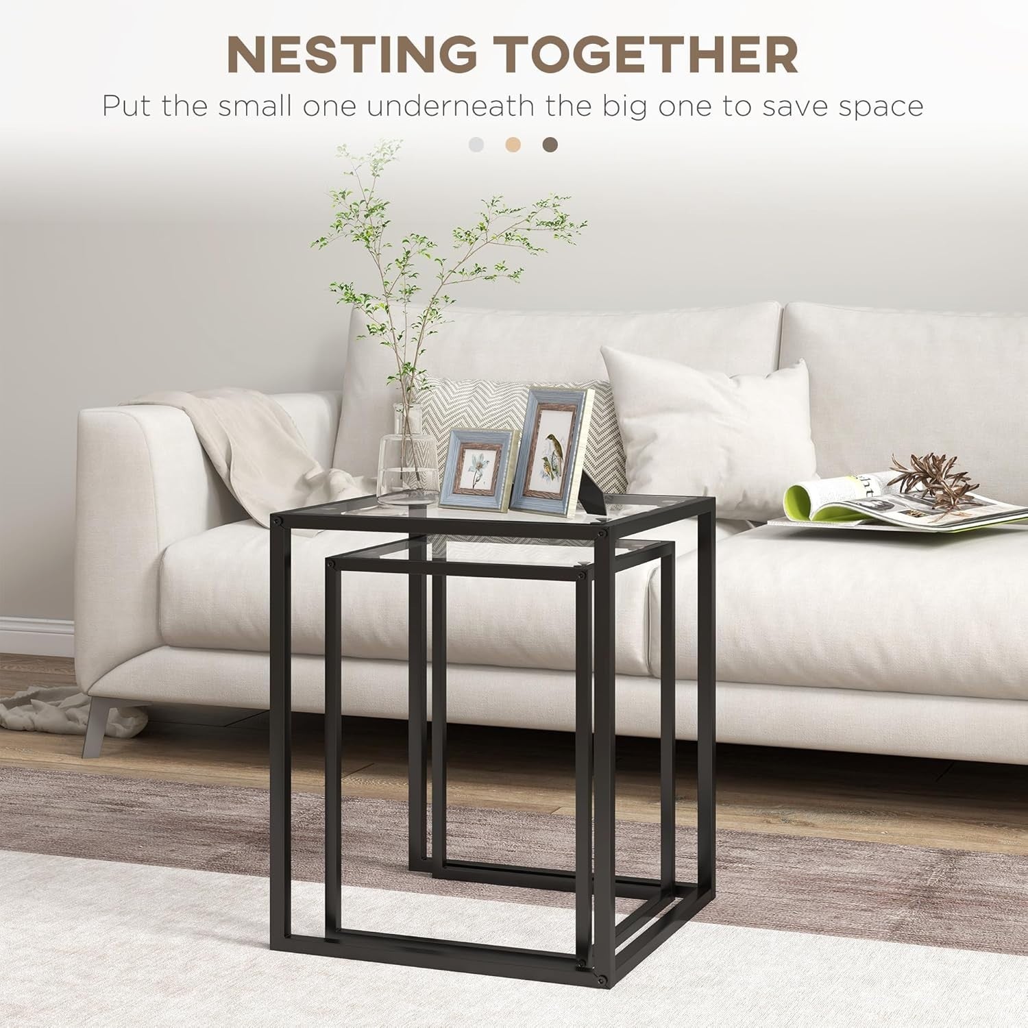 Black Nesting Coffee Table Set of 2 Square Tempered Glass Side End Tables