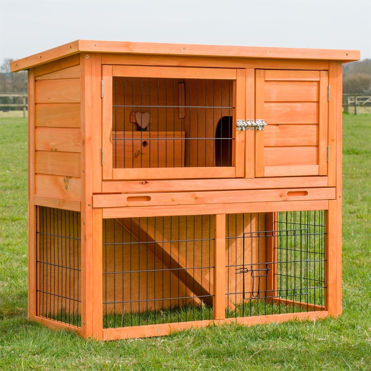 3ft Rabbit Hutch Double Decker Outdoor Wooden Guinea Pig Cage with Run Ramp