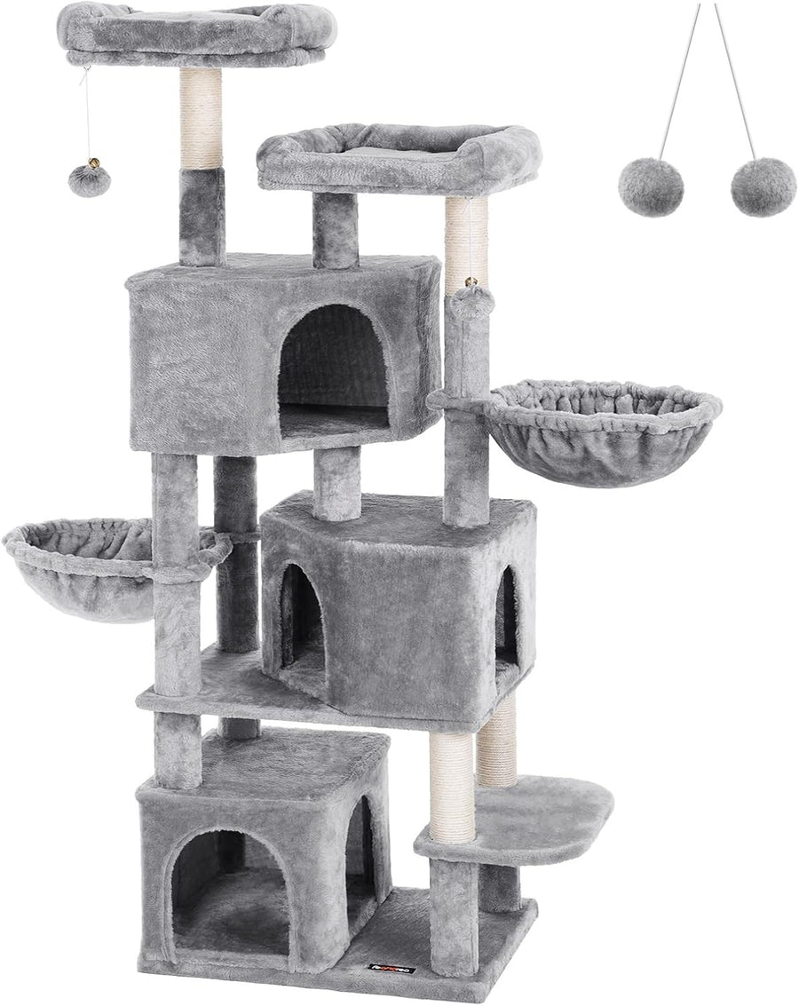 Large Cat Tree 164cm with 3 Condos Scratching Posts Plush Beds Light Grey