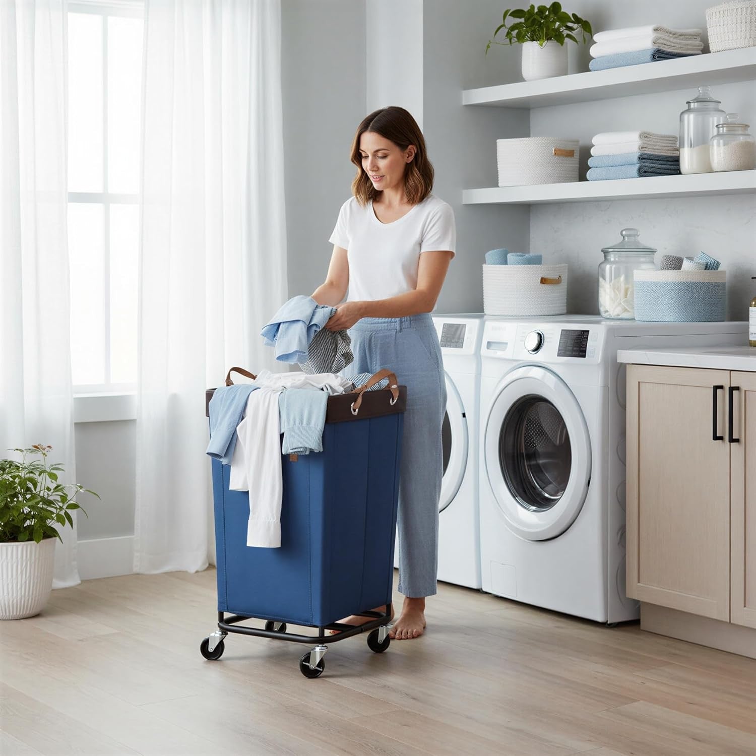 160L Heavy Duty Laundry Hamper with Wheels | Large Rolling Clothes Basket Blue