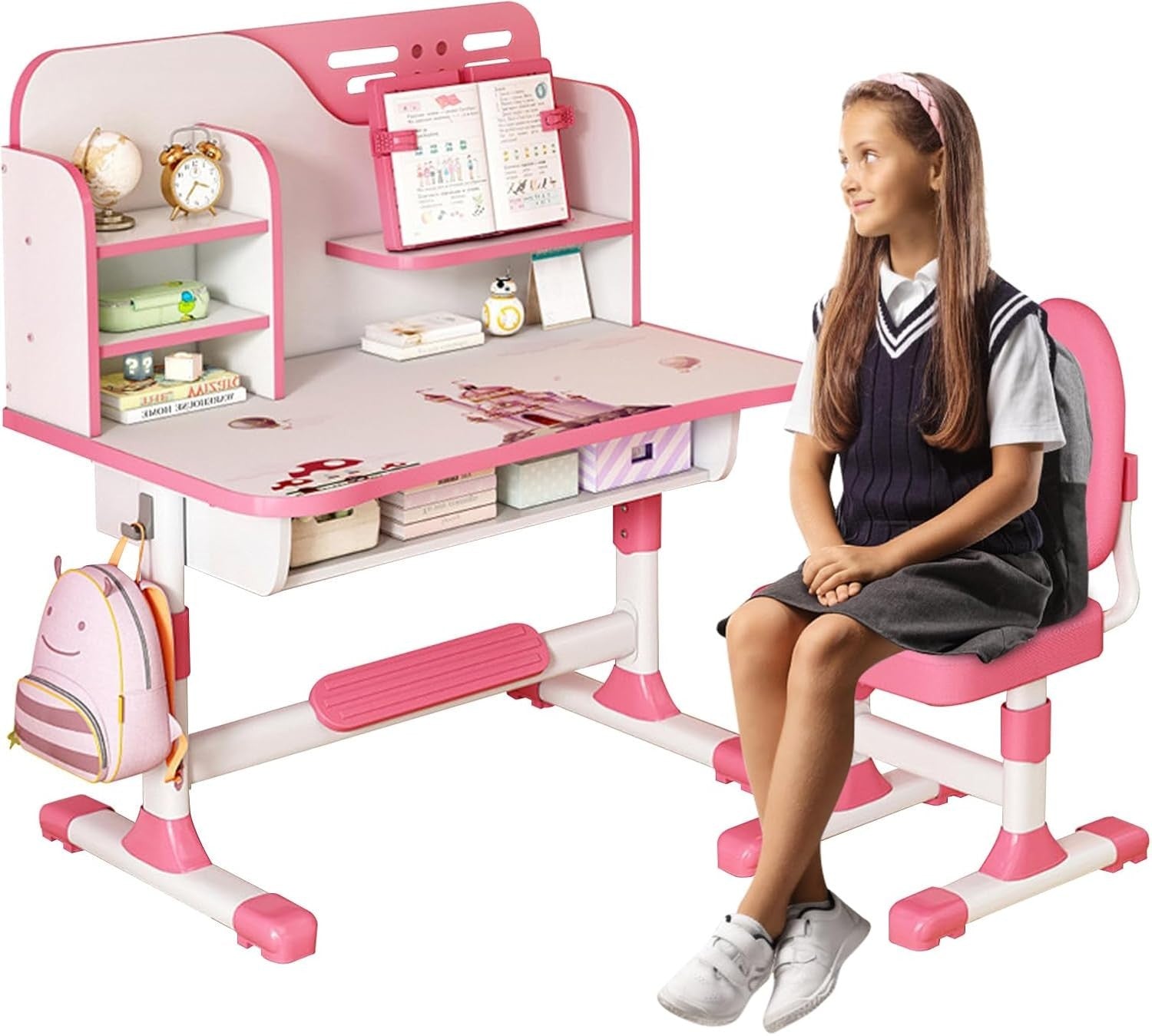 Adjustable Kids Study Table & Chair Set with Bookshelf, Drawer, Pink