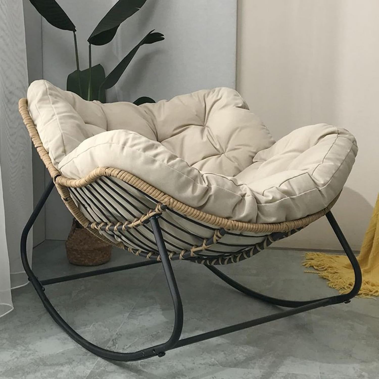 Oversized Patio Rocking Chair with Cushions | Indoor/Outdoor Rattan Lounge