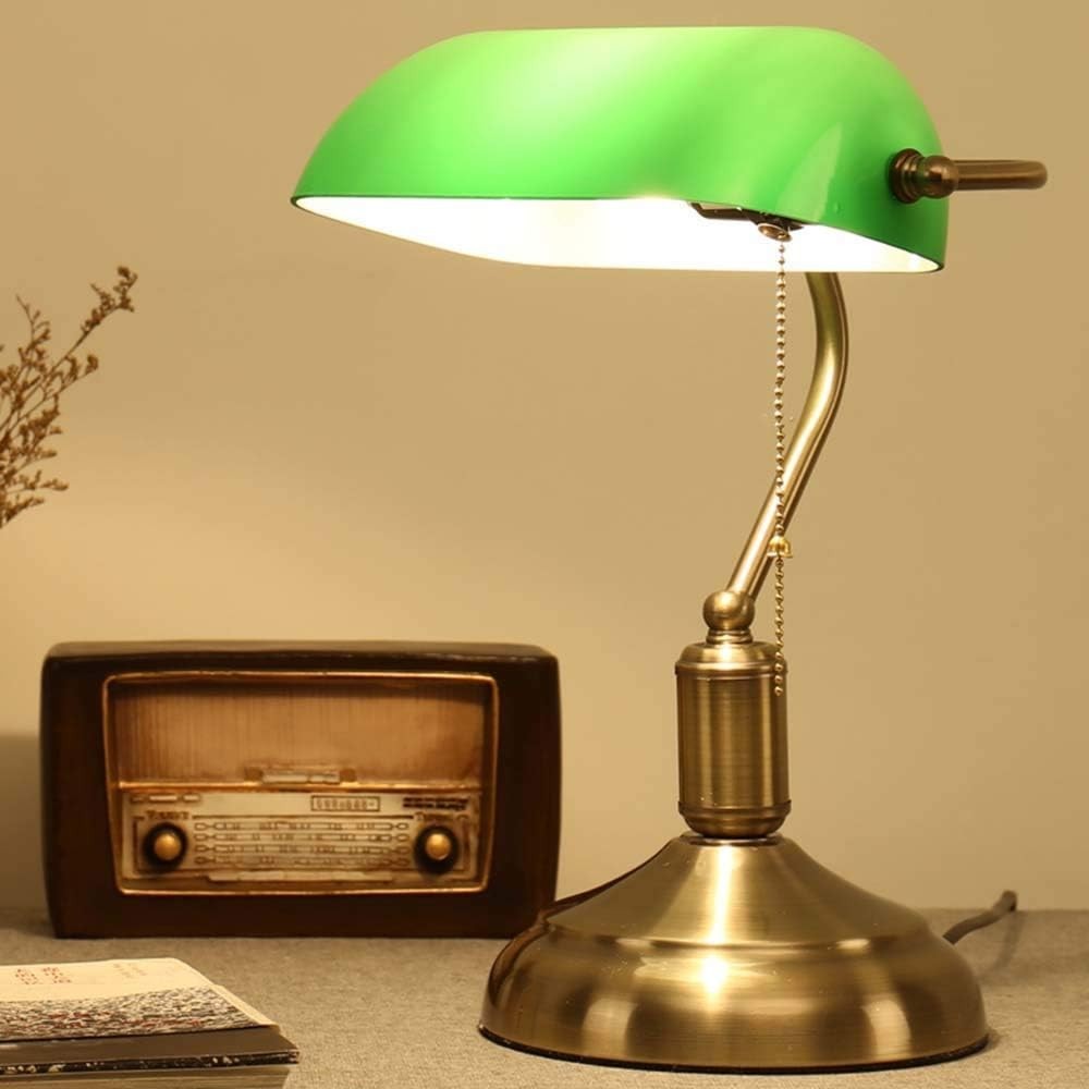 Bankers Desk Lamp Green Glass Shade Brass Base Pull Switch LED