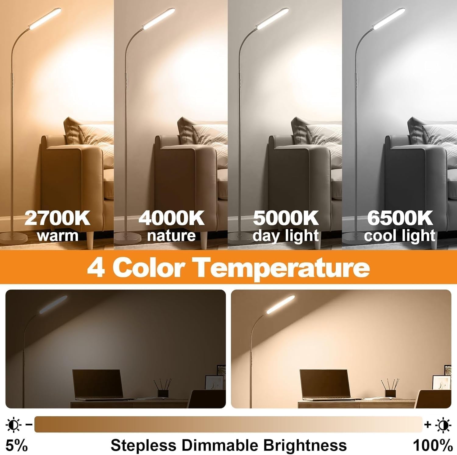 LED Uplighter Floor Lamp Dimmable Remote Touch Reading Light Tall Grey