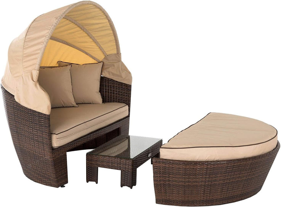 3PC Rattan Garden Day Bed Sofa Set, Loveseat Outdoor Patio Furniture Brown