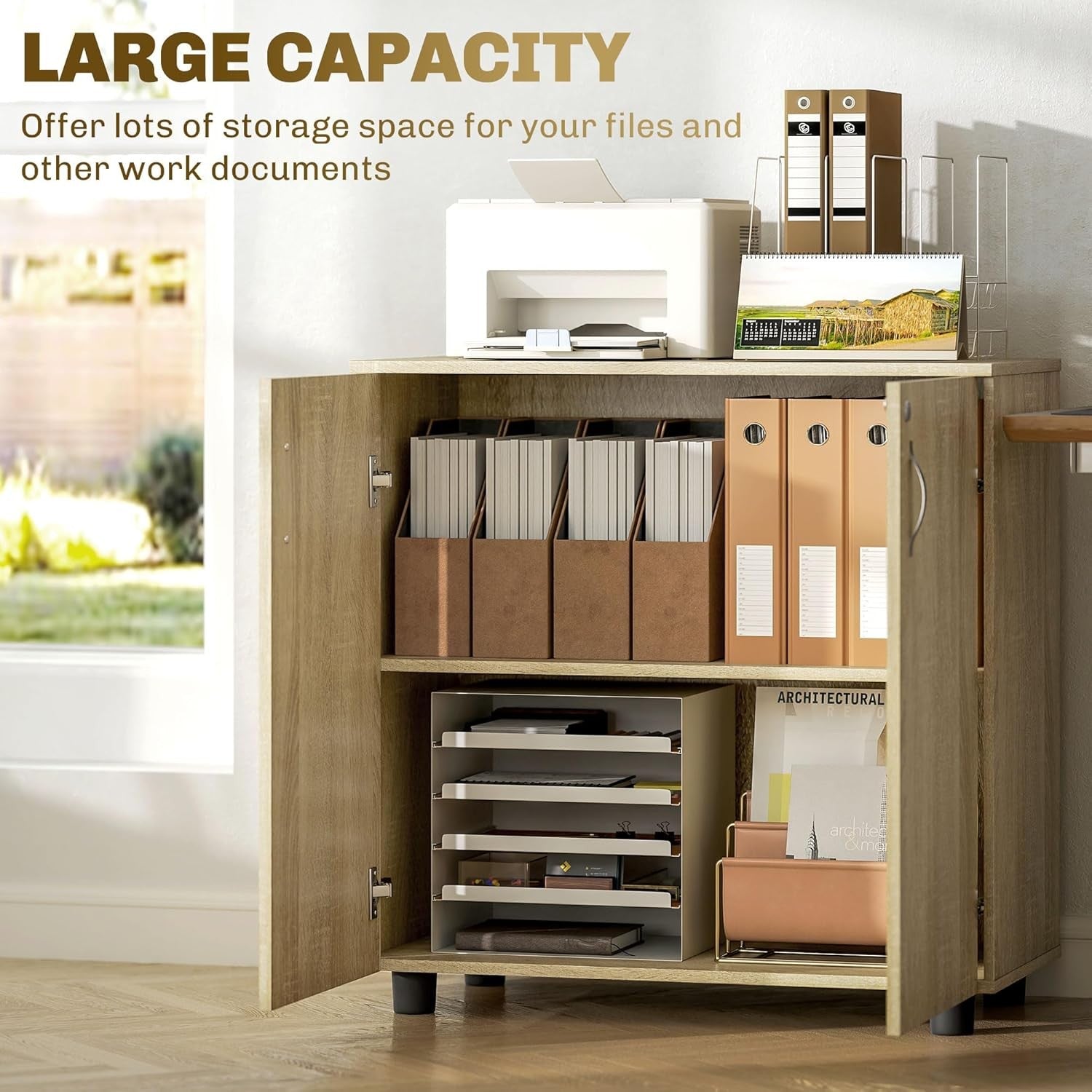 Oak Lockable Filing Cabinet Office Storage Cupboard 2 Door 2 Tier Shelves